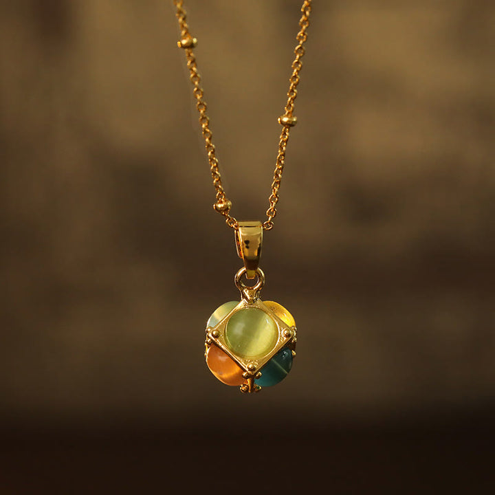 Buddha Stones Multicolored Cat's Eye Inlaid Design Cube Protection Necklace Pendant - image 4