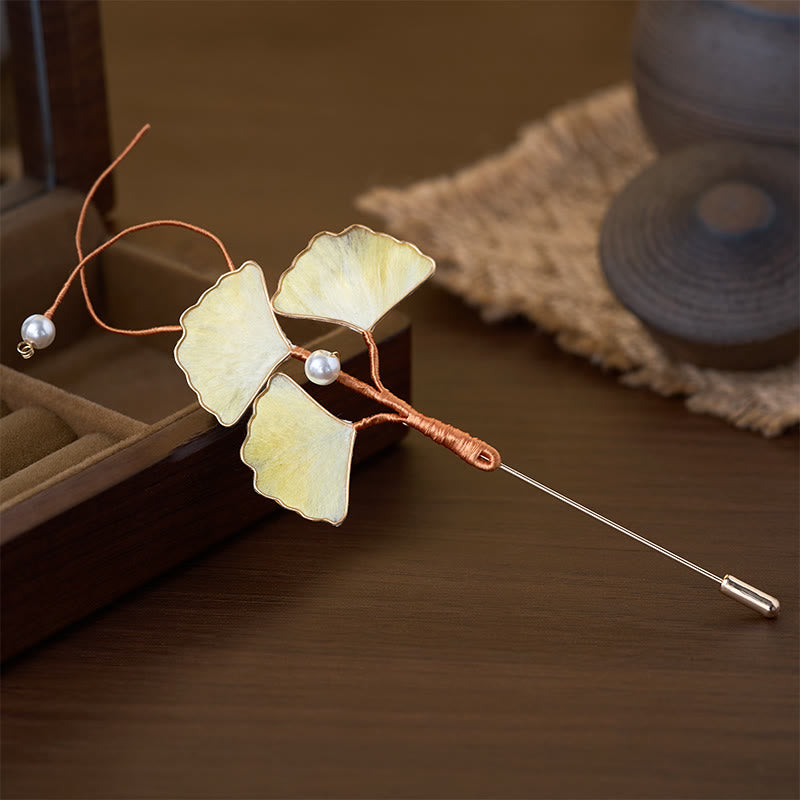 Buddha Stones Handcrafted Silk Art Velvet Flower Ginkgo Leaf Brooch - image 1