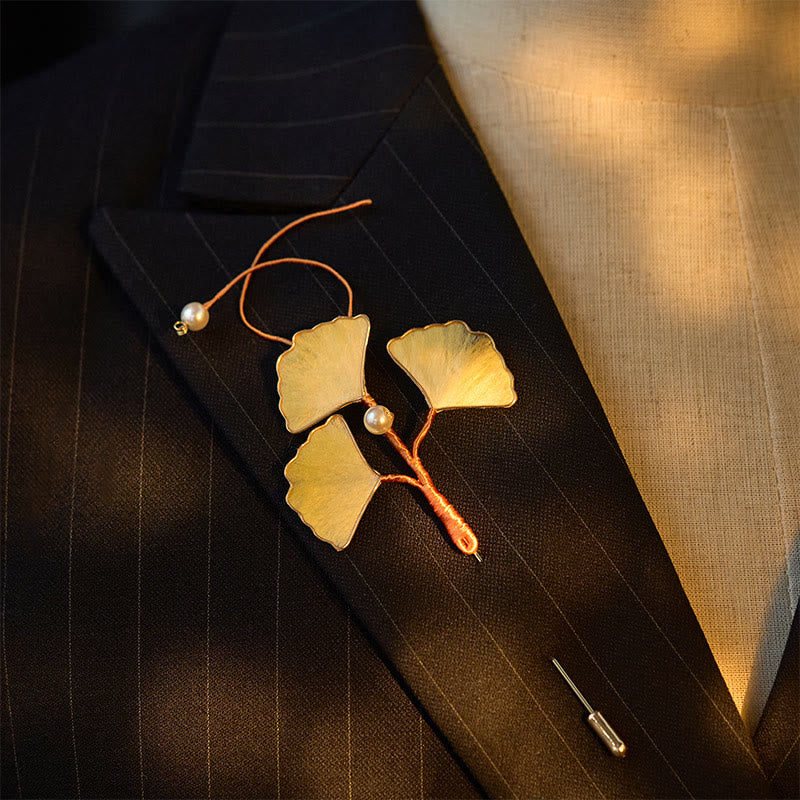 Buddha Stones Handcrafted Silk Art Velvet Flower Ginkgo Leaf Brooch - image 2