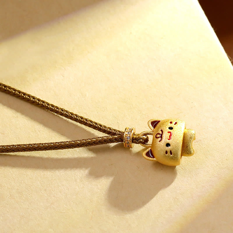 Buddha Stones Cute Cat Copper Plated Gold Adjustable Braided Rope Protection Necklace Pendant - image 3
