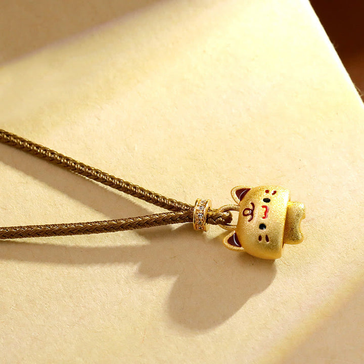 Buddha Stones Cute Cat Copper Plated Gold Adjustable Braided Rope Protection Necklace Pendant - image 3