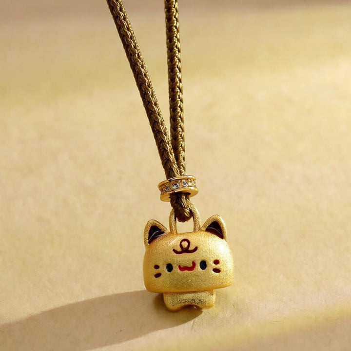 Buddha Stones Cute Cat Copper Plated Gold Adjustable Braided Rope Protection Necklace Pendant - Cat(Pendant Size: 2*1.3cm) - image 1