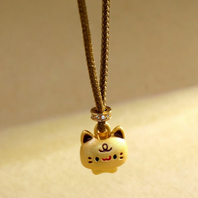 Buddha Stones Cute Cat Copper Plated Gold Adjustable Braided Rope Protection Necklace Pendant - image 2