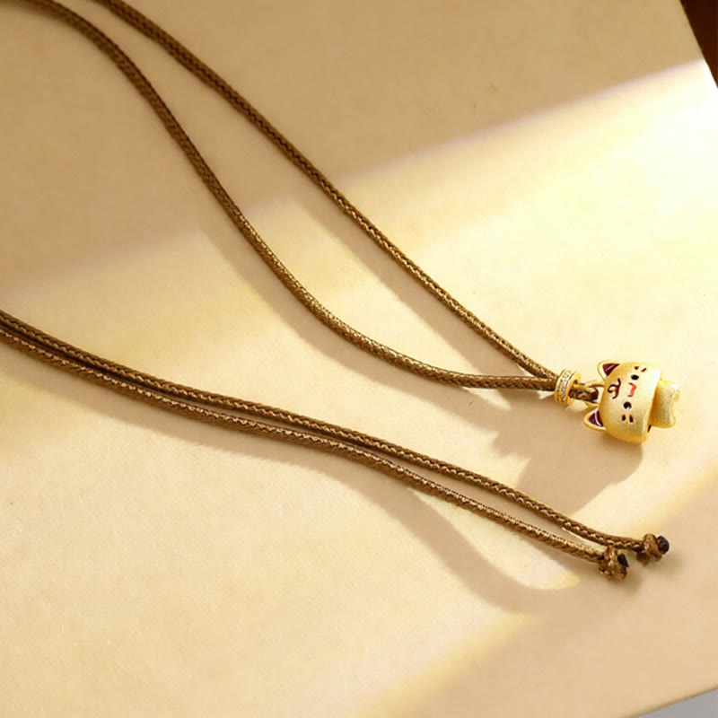 Buddha Stones Cute Cat Copper Plated Gold Adjustable Braided Rope Protection Necklace Pendant - image 4