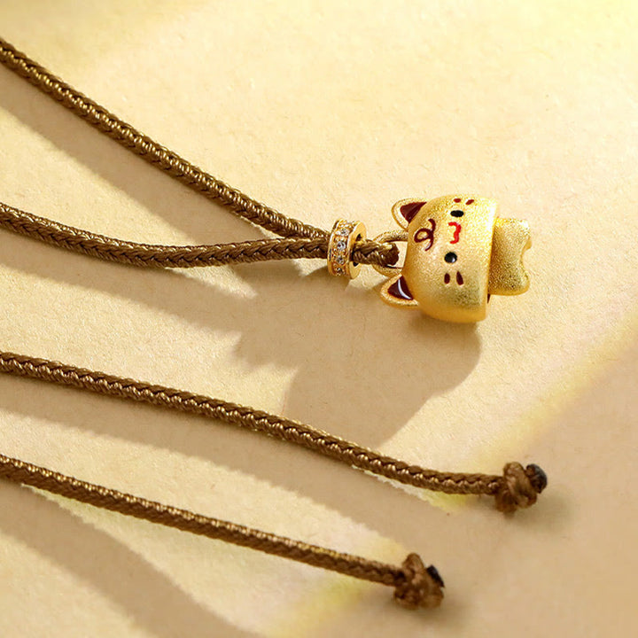 Buddha Stones Cute Cat Copper Plated Gold Adjustable Braided Rope Protection Necklace Pendant - image 5