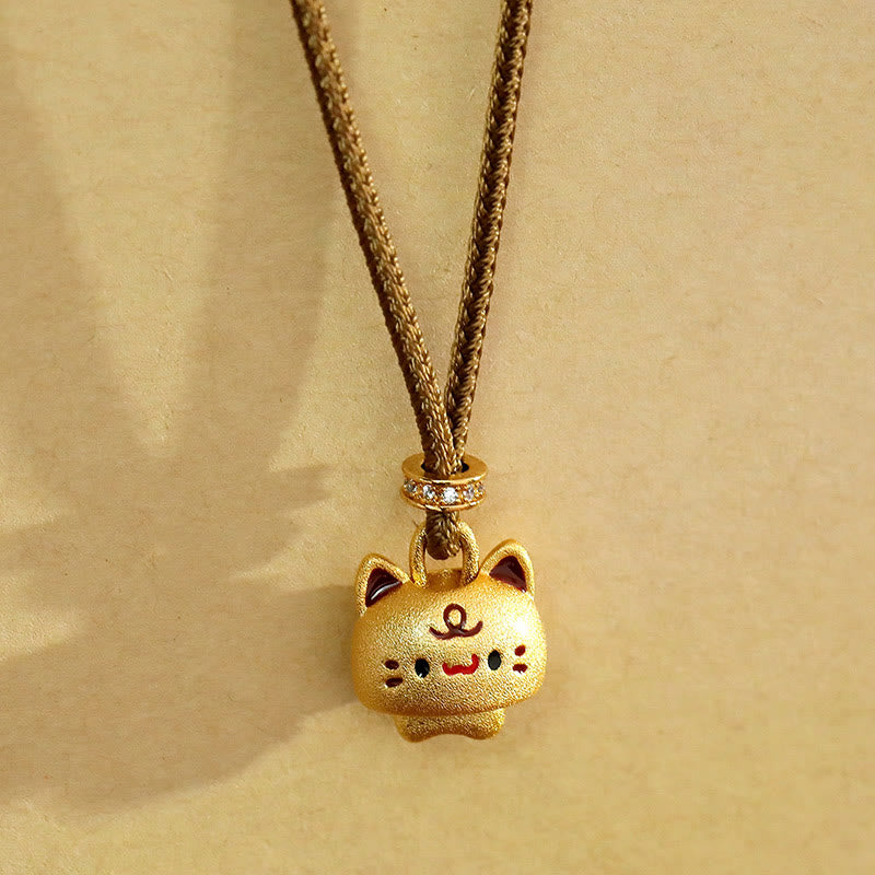 Buddha Stones Cute Cat Copper Plated Gold Adjustable Braided Rope Protection Necklace Pendant - image 0