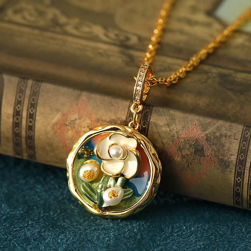 Buddha Stones Retro Round Oil Painting Flower Design Copper Wealth Necklace Pendant - Copper(Pendant Size: About 3.5*2.1cm) - image 0