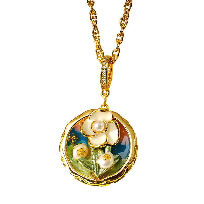Buddha Stones Retro Round Oil Painting Flower Design Copper Wealth Necklace Pendant - image 4