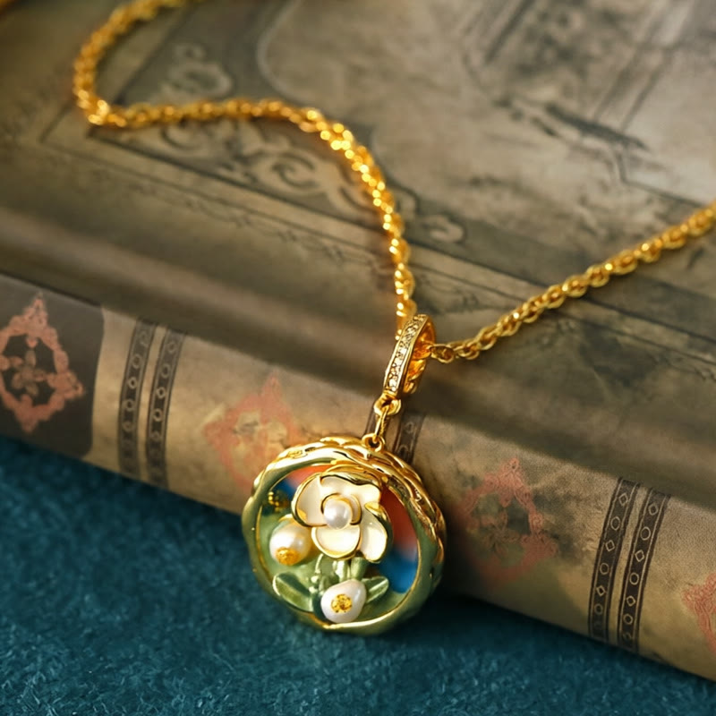 Buddha Stones Retro Round Oil Painting Flower Design Copper Wealth Necklace Pendant - image 1