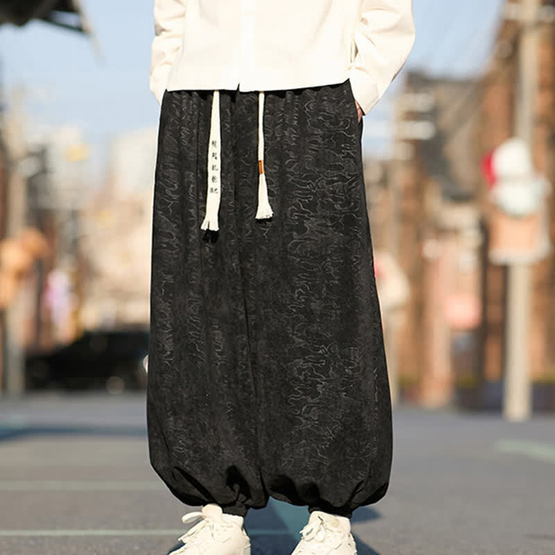 Buddha Stones Black Jacquard Drawstring Elastic Cuff Men's Harem Pants With Pockets  - image 2