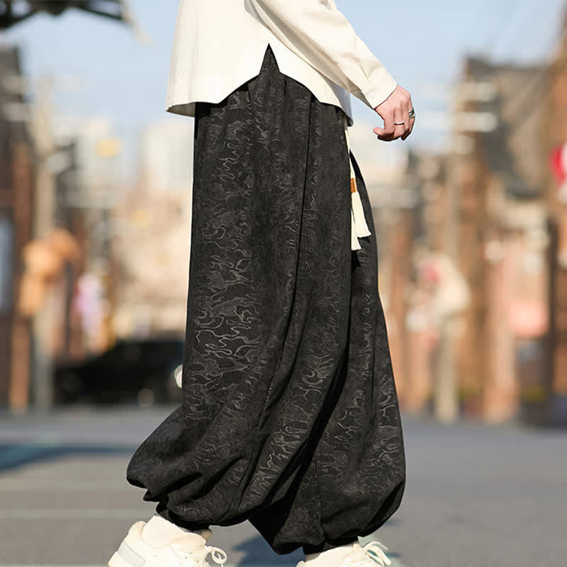 Buddha Stones Black Jacquard Drawstring Elastic Cuff Men's Harem Pants With Pockets  - image 6