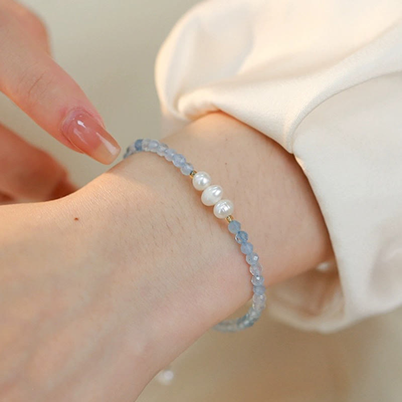 Buddha Stones Natural Aquamarine Fine 4mm Bead Pearl Serenity Bracelet - image 10