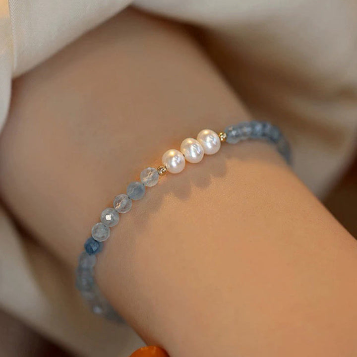 Buddha Stones Natural Aquamarine Fine 4mm Bead Pearl Serenity Bracelet - image 11