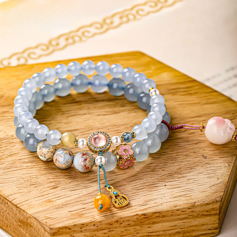Buddha Stones Blue Chalcedony Fu Character Cat Paw Healing Bracelet - Cat Paw(Wrist Circumference: 14-15cm) - image 0