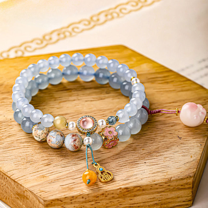 Buddha Stones Blue Chalcedony Fu Character Cat Paw Healing Bracelet - Cat Paw(Wrist Circumference: 14-15cm) - image 0