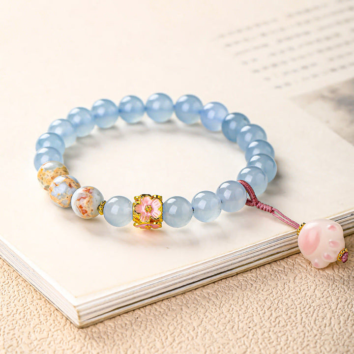 Buddha Stones Blue Chalcedony Fu Character Cat Paw Healing Bracelet - image 1