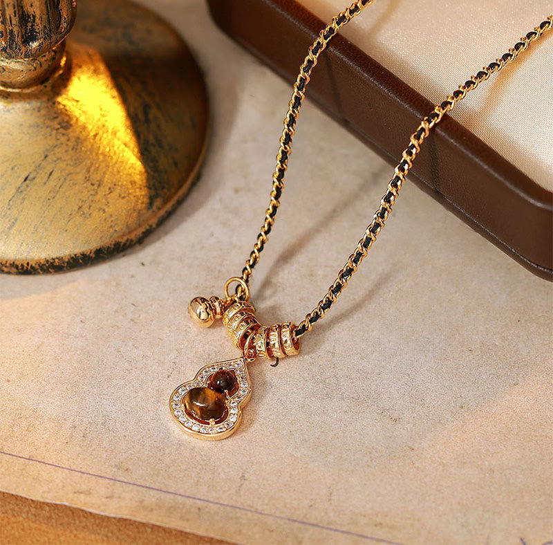 Buddha Stones Double Gourd Tiger Eye Copper Plated Gold Strength Necklace Pendant - image 1