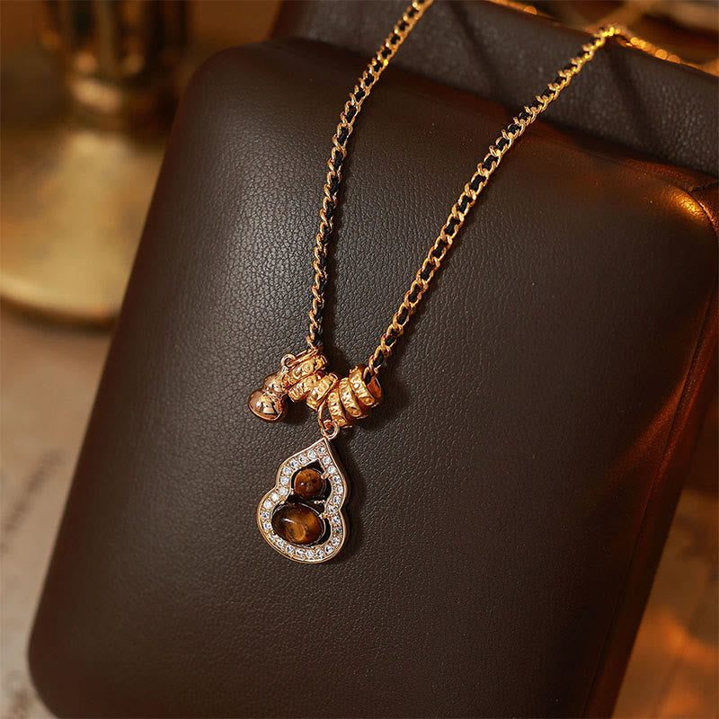 Buddha Stones Double Gourd Tiger Eye Copper Plated Gold Strength Necklace Pendant - Tiger Eye(Size: About 3*1.4cm) - image 0