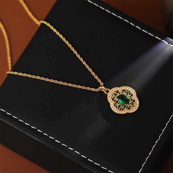 Buddha Stones Four Leaf Clover Hollow Design Copper Plated Gold Chain Luck Necklace Pendant - image 3