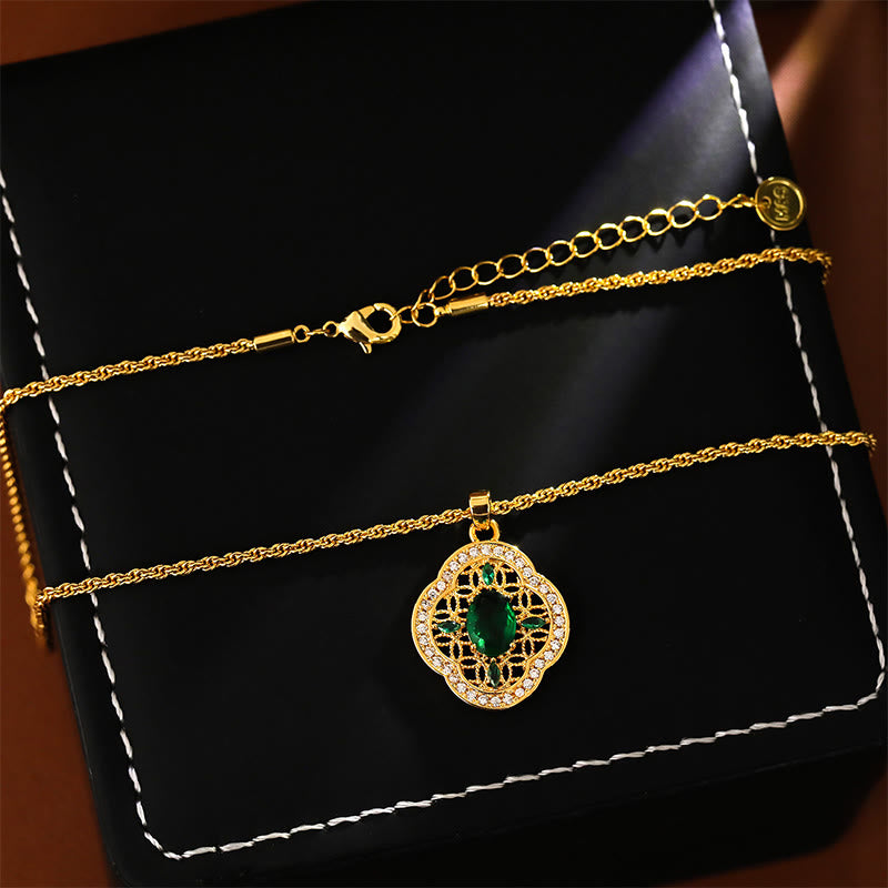 Buddha Stones Four Leaf Clover Hollow Design Copper Plated Gold Chain Luck Necklace Pendant - image 4