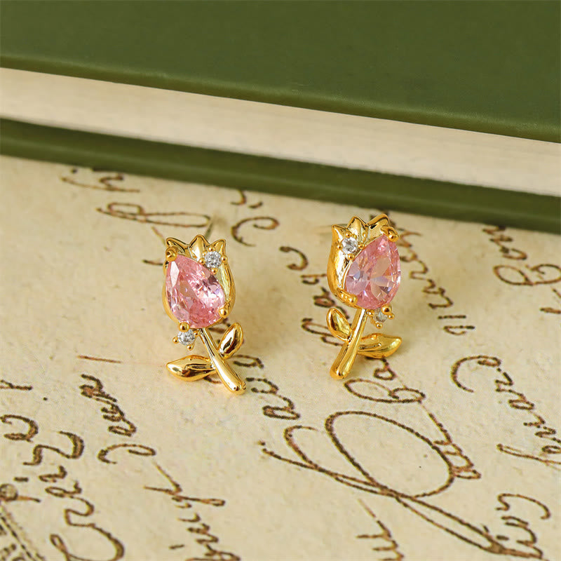 Buddha Stones Pink Purple Tulip Zircon Copper Healing Stud Earrings - Pink Tulips(925 Sterling Silver Posts) - image 1