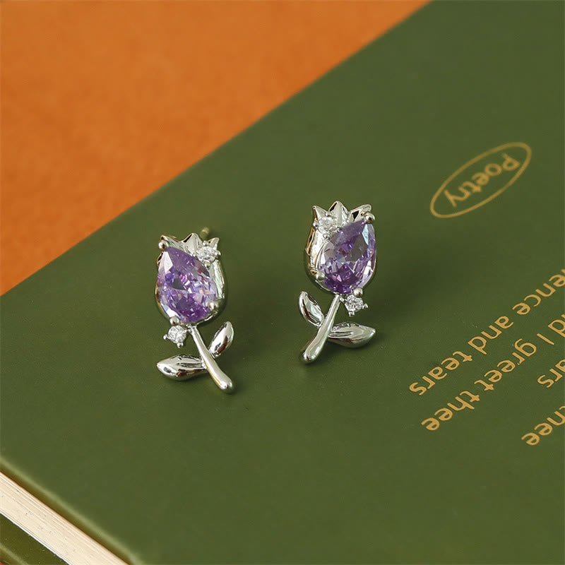 Buddha Stones Pink Purple Tulip Zircon Copper Healing Stud Earrings - Purple Tulips(925 Sterling Silver Posts) - image 5