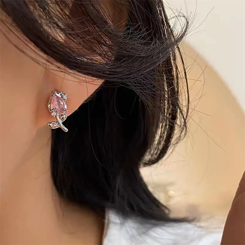Buddha Stones Pink Purple Tulip Zircon Copper Healing Stud Earrings - image 3