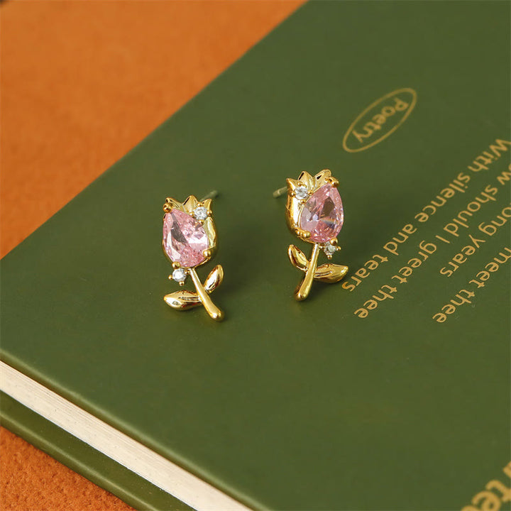 Buddha Stones Pink Purple Tulip Zircon Copper Healing Stud Earrings - image 2