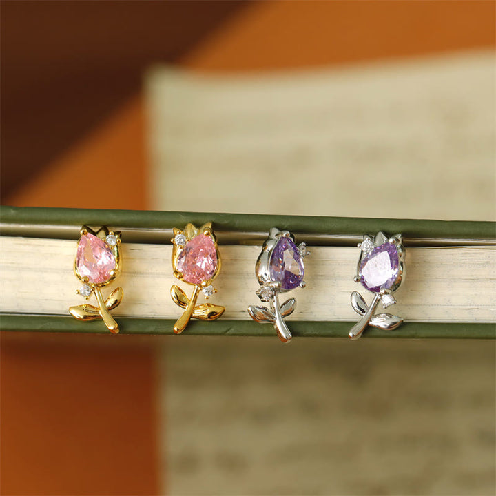 Buddha Stones Pink Purple Tulip Zircon Copper Healing Stud Earrings - image 0