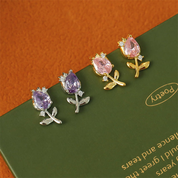 Buddha Stones Pink Purple Tulip Zircon Copper Healing Stud Earrings - image 7