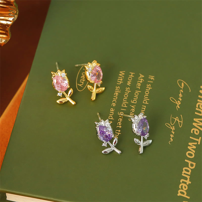 Buddha Stones Pink Purple Tulip Zircon Copper Healing Stud Earrings - image 8