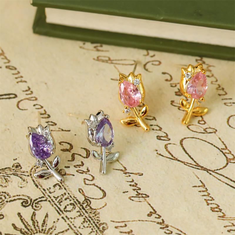 Buddha Stones Pink Purple Tulip Zircon Copper Healing Stud Earrings - image 9