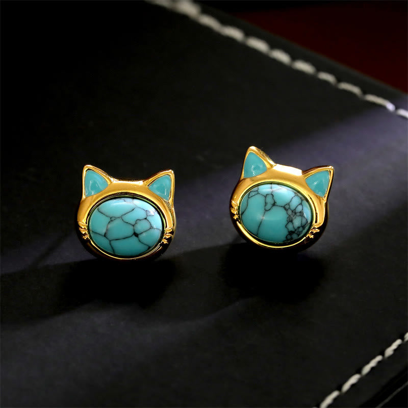 Buddha Stones Turquoise Tiger Eye Cat Head Design Copper Protection Stud Earrings - Turquoise(Synthetic)(925 Sterling Silver Posts) - image 1