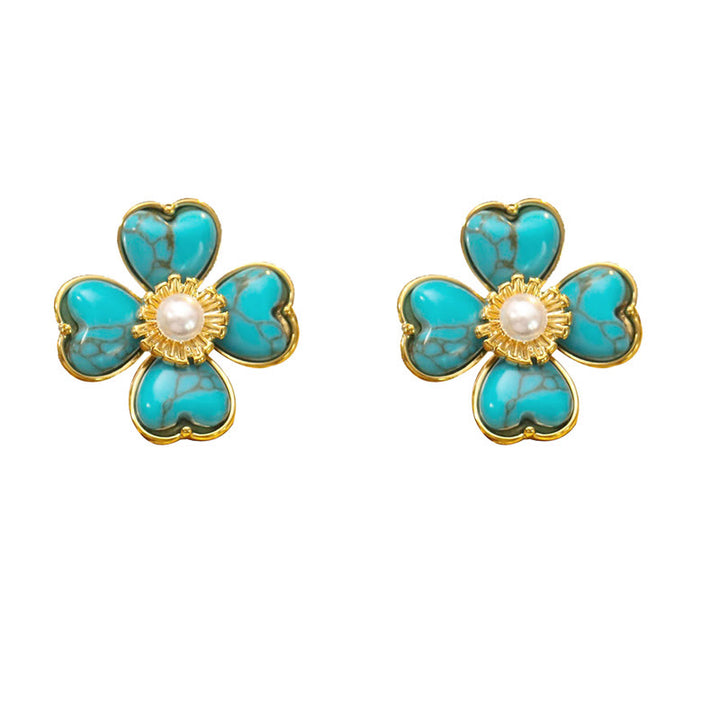 Buddha Stones Turquoise Love Heart Flower Copper Healing Stud Earrings - image 5