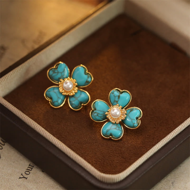 Buddha Stones Turquoise Love Heart Flower Copper Healing Stud Earrings - image 4