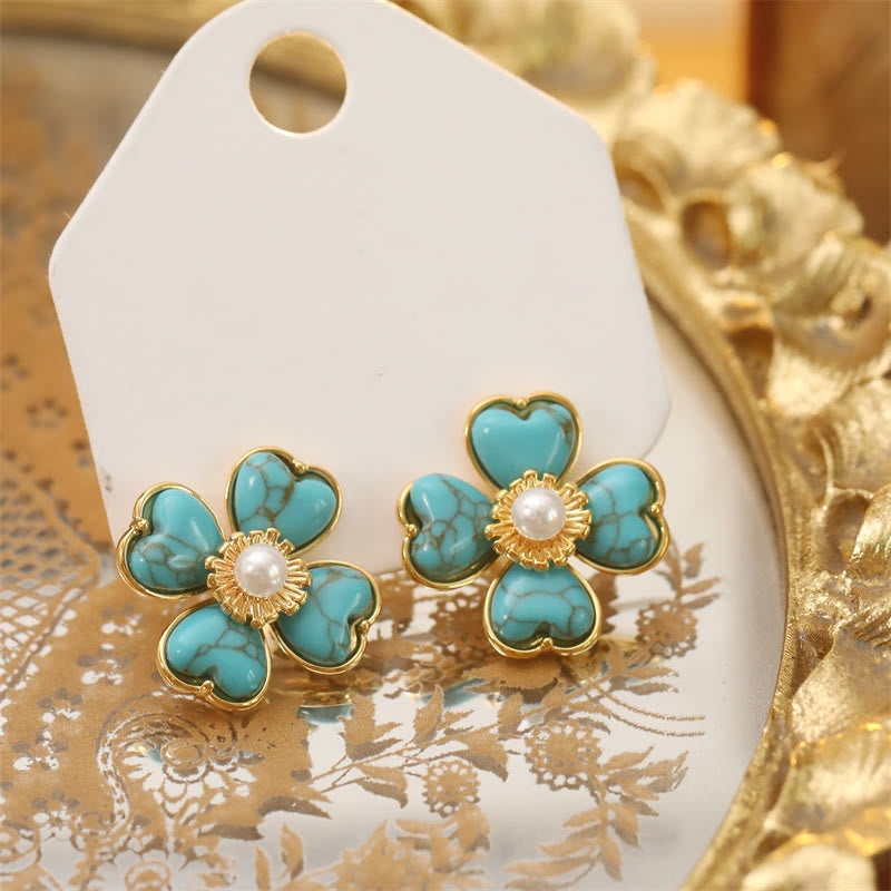 Buddha Stones Turquoise Love Heart Flower Copper Healing Stud Earrings - image 3