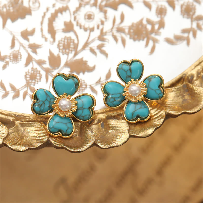 Buddha Stones Turquoise Love Heart Flower Copper Healing Stud Earrings - image 1