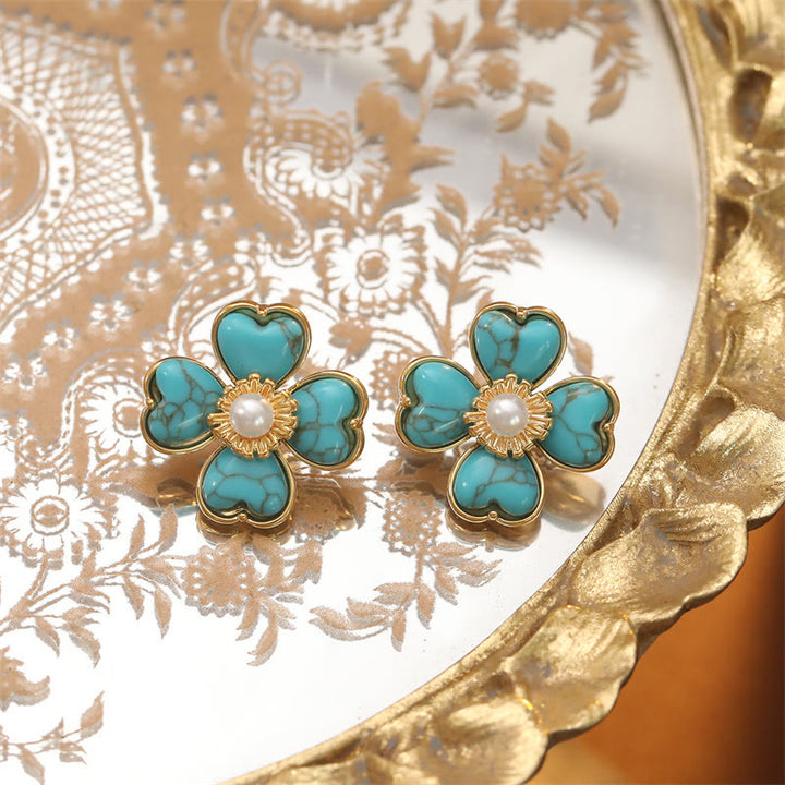 Buddha Stones Turquoise Love Heart Flower Copper Healing Stud Earrings - image 2