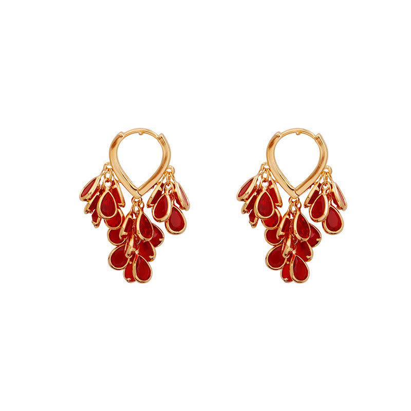 Buddha Stones Red Water Droplet Tassel Healing Copper Hoop Earrings - image 4