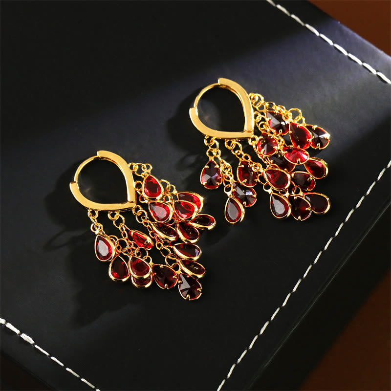 Buddha Stones Red Water Droplet Tassel Healing Copper Hoop Earrings - image 3