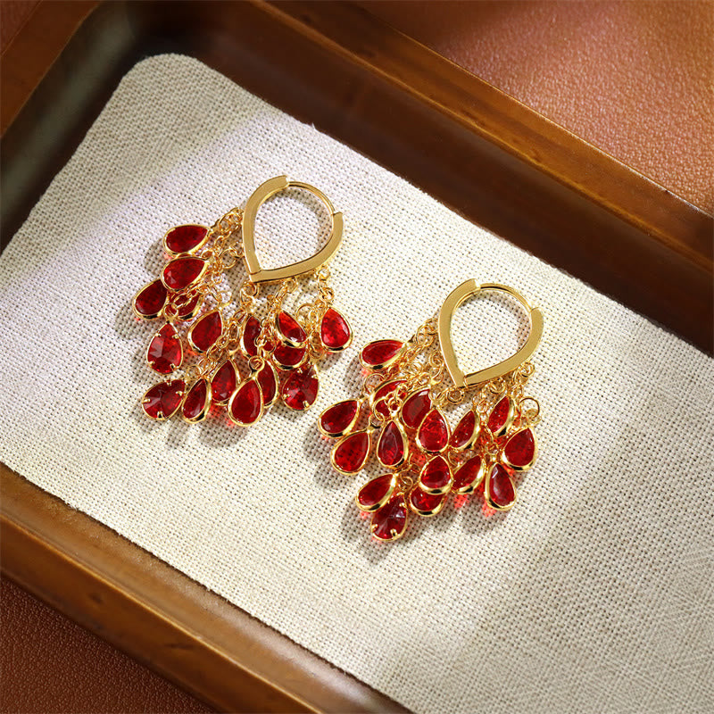 Buddha Stones Red Water Droplet Tassel Healing Copper Hoop Earrings - image 1