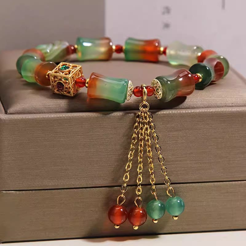Buddha Stones Colorful Peacock Agate Bamboo Beads Tassel Courage Bracelet - image 4