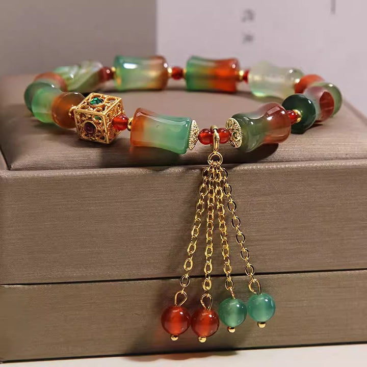 Buddha Stones Colorful Peacock Agate Bamboo Beads Tassel Courage Bracelet - image 4