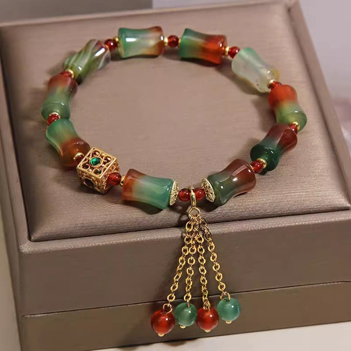 Buddha Stones Colorful Peacock Agate Bamboo Beads Tassel Courage Bracelet - image 3