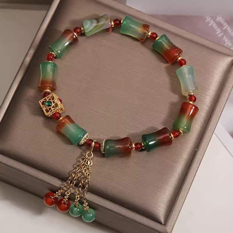 Buddha Stones Colorful Peacock Agate Bamboo Beads Tassel Courage Bracelet - image 2