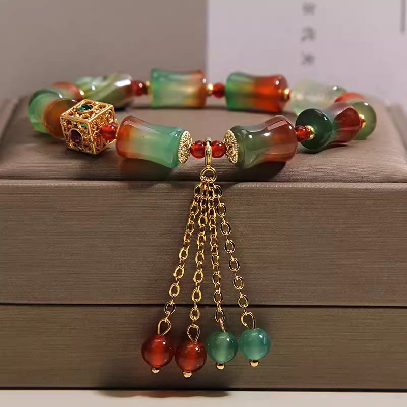 Buddha Stones Colorful Peacock Agate Bamboo Beads Tassel Courage Bracelet - Peacock Agate(Wrist Circumference 14-16cm) - image 0