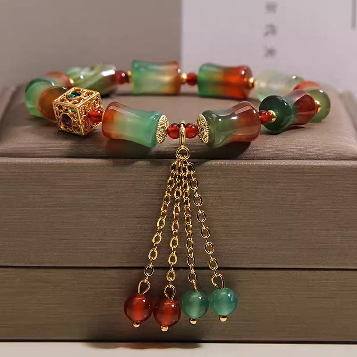 Buddha Stones Colorful Peacock Agate Bamboo Beads Tassel Courage Bracelet - Peacock Agate(Wrist Circumference 14-16cm) - image 0