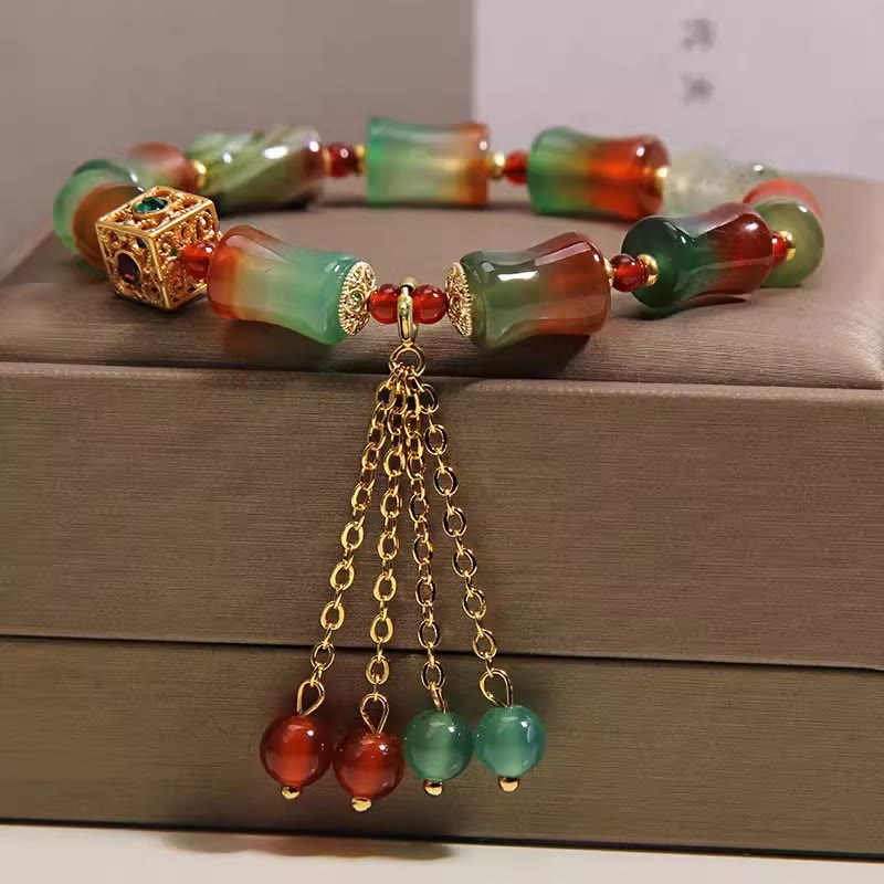Buddha Stones Colorful Peacock Agate Bamboo Beads Tassel Courage Bracelet - image 5