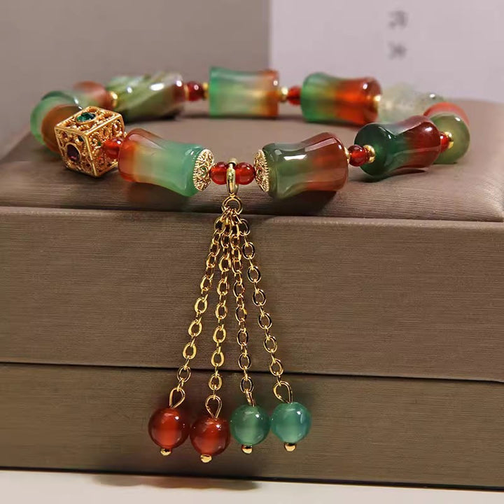 Buddha Stones Colorful Peacock Agate Bamboo Beads Tassel Courage Bracelet - image 5