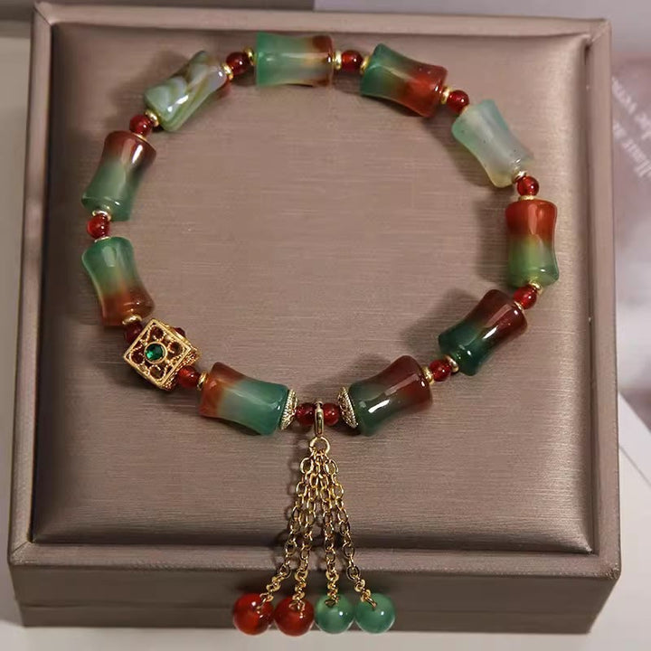 Buddha Stones Colorful Peacock Agate Bamboo Beads Tassel Courage Bracelet - image 1